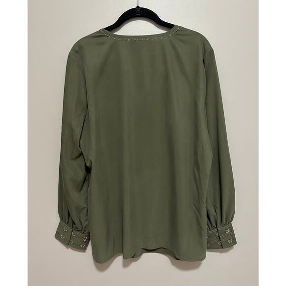 NWT Chico's Embellished Peasant Blouse Women's 2 12/14 Long Sleeve Olive Green - Picture 8 of 8